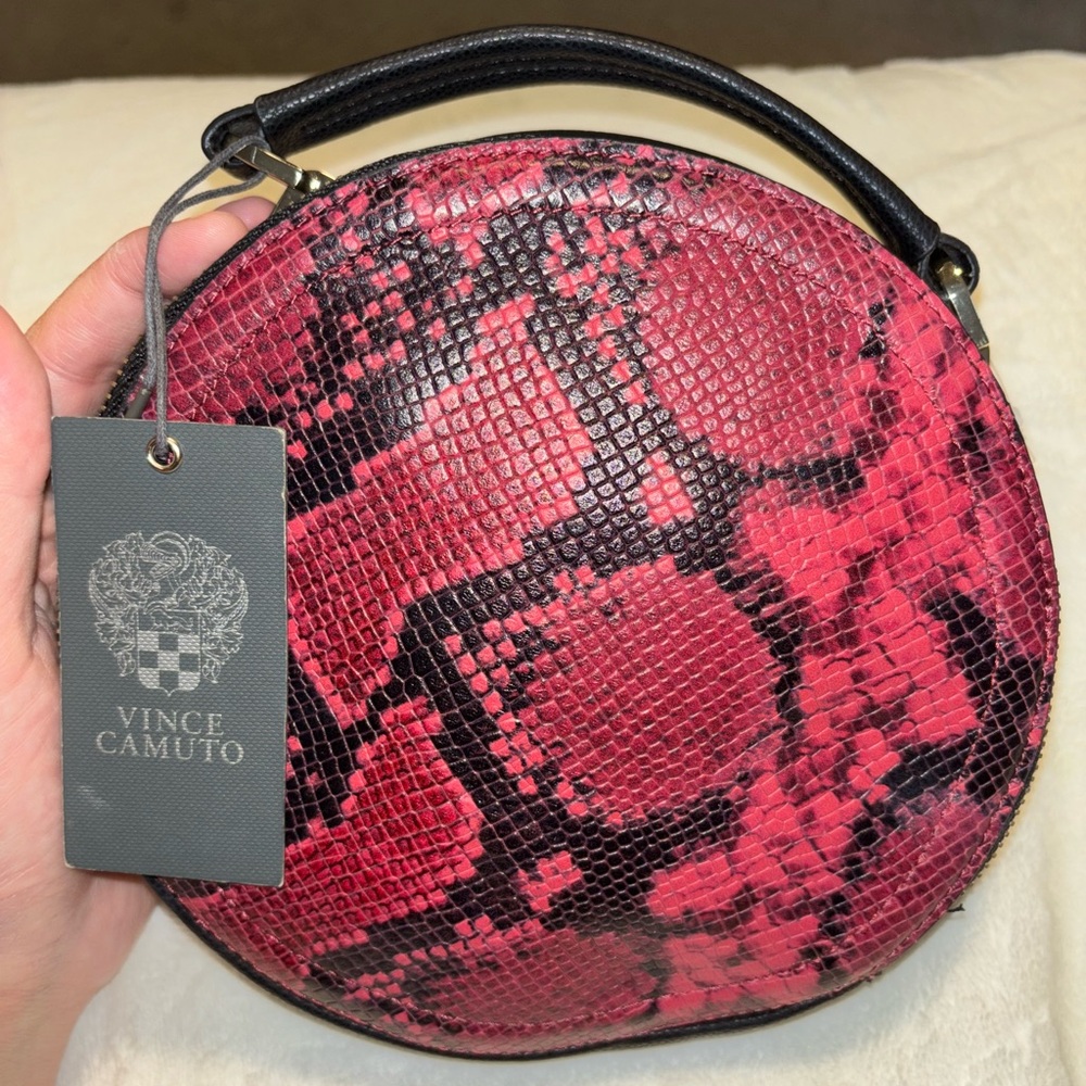 Vince Camuto Red and Black Snakeskin Round Bag